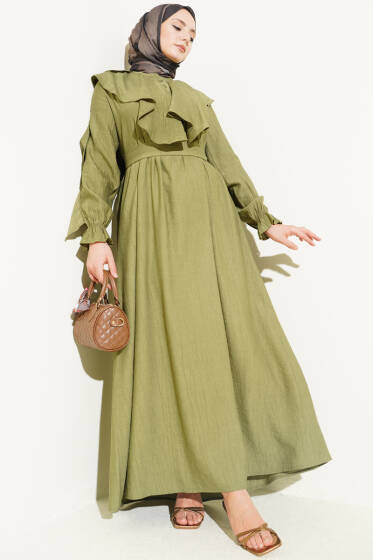 Yarım Düğmeli Kuşaklı Fırfırlı Elbise Haki - Elbise
