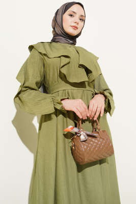 Yarım Düğmeli Kuşaklı Fırfırlı Elbise Haki - Elbise