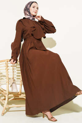 Yarım Düğmeli Kuşaklı Fırfırlı Elbise Kahve - ASMİN