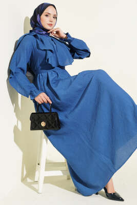 Yarım Düğmeli Kuşaklı Fırfırlı Elbise Lacivert - ASMİN