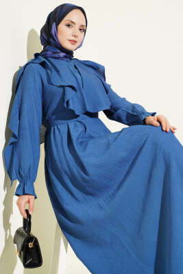 Yarım Düğmeli Kuşaklı Fırfırlı Elbise Lacivert - Elbise