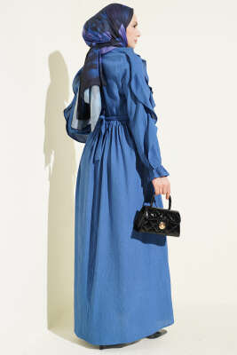 Yarım Düğmeli Kuşaklı Fırfırlı Elbise Lacivert - Elbise