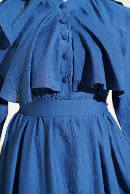 Yarım Düğmeli Kuşaklı Fırfırlı Elbise Lacivert - Elbise