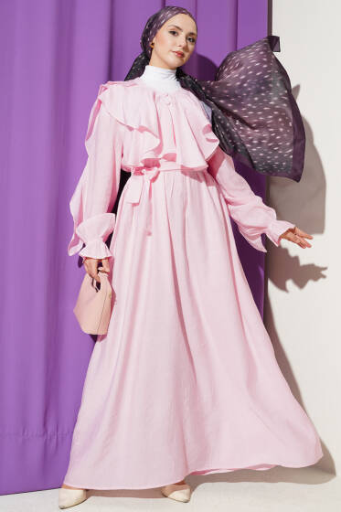 Yarım Düğmeli Kuşaklı Fırfırlı Elbise Pembe - Elbise