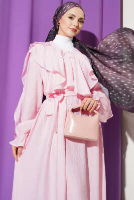 Yarım Düğmeli Kuşaklı Fırfırlı Elbise Pembe - Elbise