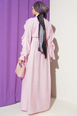 Yarım Düğmeli Kuşaklı Fırfırlı Elbise Pembe - Elbise