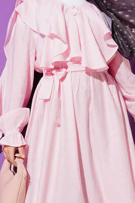 Yarım Düğmeli Kuşaklı Fırfırlı Elbise Pembe - Elbise