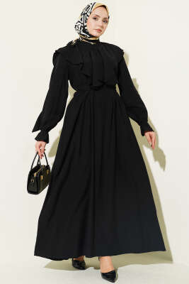 Yarım Düğmeli Kuşaklı Fırfırlı Elbise Siyah - ASMİN