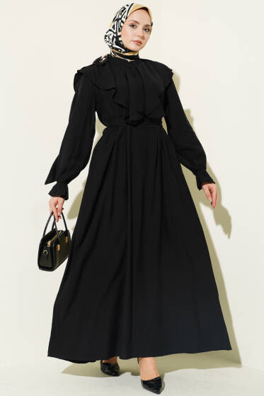 Yarım Düğmeli Kuşaklı Fırfırlı Elbise Siyah - Elbise