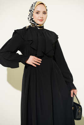 Yarım Düğmeli Kuşaklı Fırfırlı Elbise Siyah - Elbise