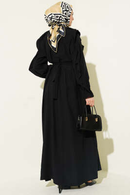 Yarım Düğmeli Kuşaklı Fırfırlı Elbise Siyah - Elbise