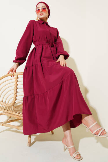 Yarım Düğmeli Kuşaklı Kat Elbise Bordo - Elbise