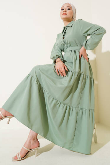 Yarım Düğmeli Kuşaklı Kat Elbise Çağla Yeşili - Elbise