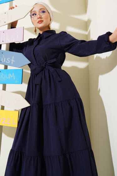 Yarım Düğmeli Kuşaklı Kat Elbise Lacivert - Elbise