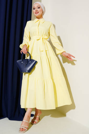 Yarım Düğmeli Kuşaklı Kat Elbise Sarı - Elbise