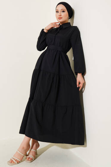 Yarım Düğmeli Kuşaklı Kat Elbise Siyah - Elbise