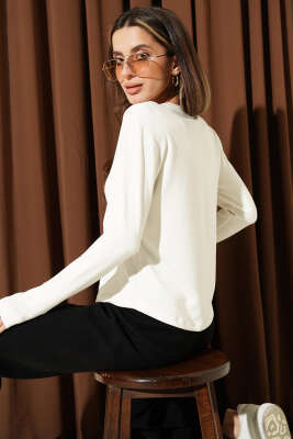 Yarım Düğmeli Loyşa Body Ekru - Uzun Kollu Tişört