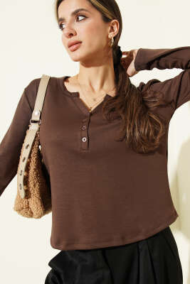 Yarım Düğmeli Loyşa Body Kahve - DİVON