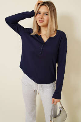 Yarım Düğmeli Loyşa Body Lacivert - Uzun Kollu Tişört