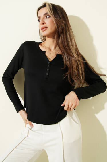 Yarım Düğmeli Loyşa Body Siyah - Uzun Kollu Tişört