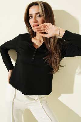 Yarım Düğmeli Loyşa Body Siyah - Uzun Kollu Tişört