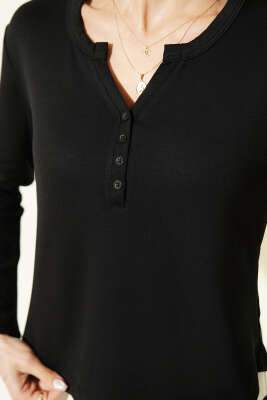 Yarım Düğmeli Loyşa Body Siyah - Uzun Kollu Tişört