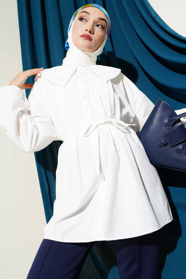 Yarım Düğmeli Nervürlü Tunik Beyaz - Tunik