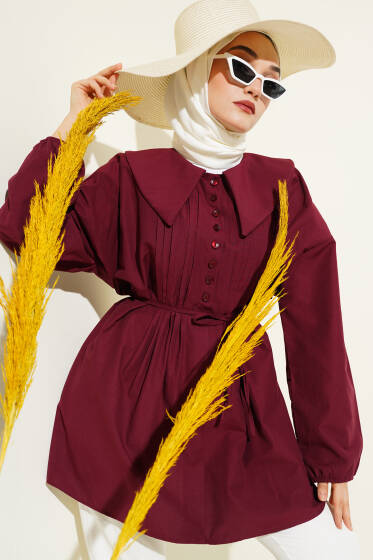 Yarım Düğmeli Nervürlü Tunik Bordo - Tunik