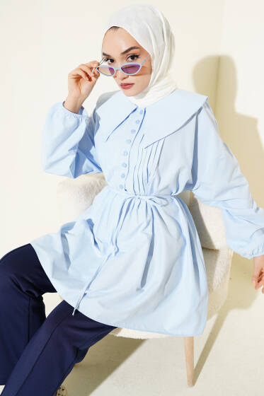 Yarım Düğmeli Nervürlü Tunik Buz Mavisi - Tunik