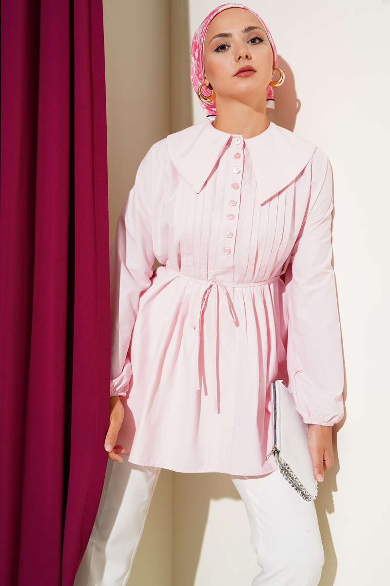 Yarım Düğmeli Nervürlü Tunik Pembe