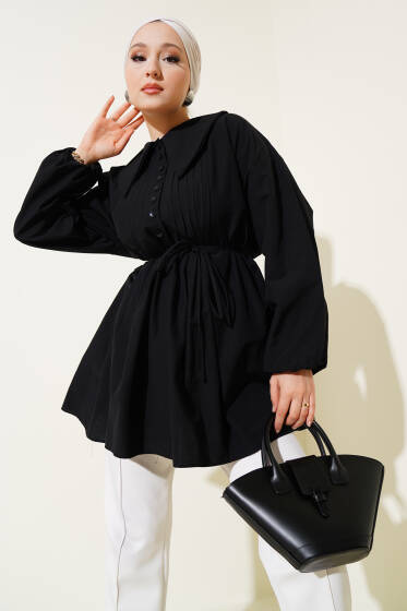 Yarım Düğmeli Nervürlü Tunik Siyah - Tunik
