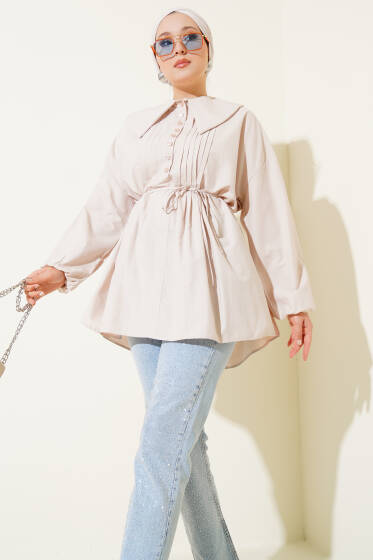 Yarım Düğmeli Nervürlü Tunik Taş - Tunik