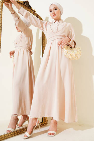 Yarım Düğmeli Önü Çapraz Bağlamalı Elbise Bej - Elbise