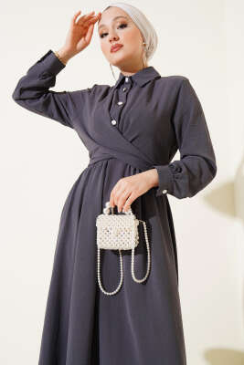 Yarım Düğmeli Önü Çapraz Bağlamalı Elbise Füme - Tesettür Elbise