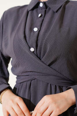 Yarım Düğmeli Önü Çapraz Bağlamalı Elbise Füme - Tesettür Elbise