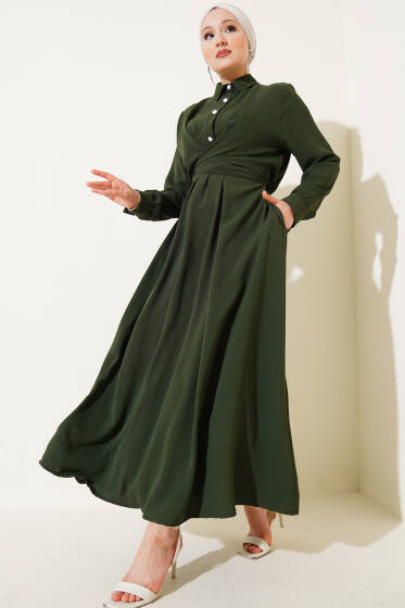 Yarım Düğmeli Önü Çapraz Bağlamalı Elbise Haki - Elbise