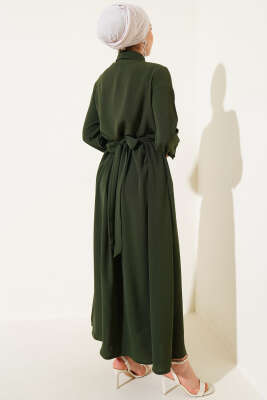 Yarım Düğmeli Önü Çapraz Bağlamalı Elbise Haki - Tesettür Elbise