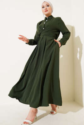 Yarım Düğmeli Önü Çapraz Bağlamalı Elbise Haki 