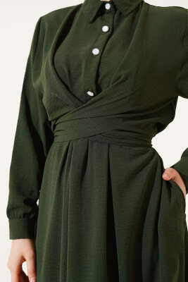 Yarım Düğmeli Önü Çapraz Bağlamalı Elbise Haki - Tesettür Elbise