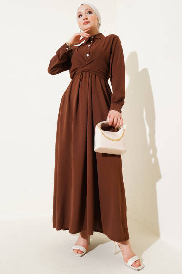 Yarım Düğmeli Önü Çapraz Bağlamalı Elbise Kahve - Elbise