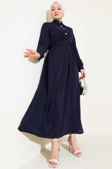 Yarım Düğmeli Önü Çapraz Bağlamalı Elbise Lacivert - Elbise