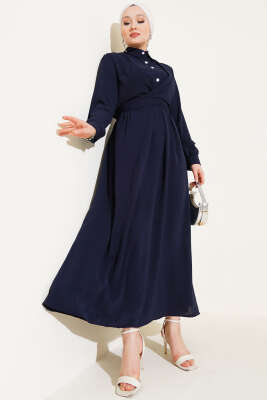 Yarım Düğmeli Önü Çapraz Bağlamalı Elbise Lacivert - Tesettür Elbise