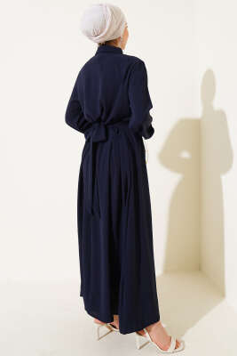 Yarım Düğmeli Önü Çapraz Bağlamalı Elbise Lacivert - Tesettür Elbise