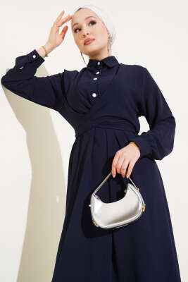 Yarım Düğmeli Önü Çapraz Bağlamalı Elbise Lacivert - Tesettür Elbise