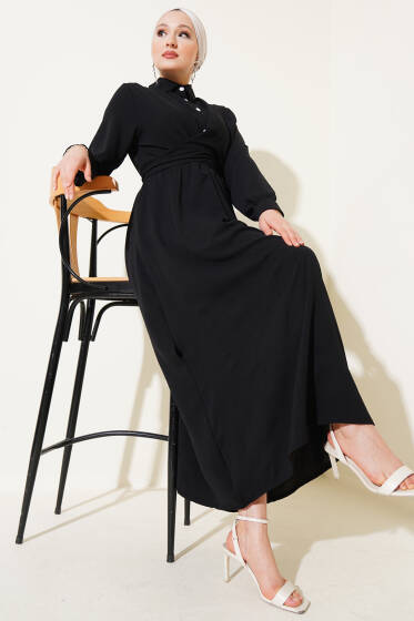 Yarım Düğmeli Önü Çapraz Bağlamalı Elbise Siyah - Elbise