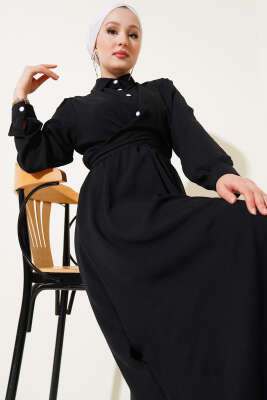 Yarım Düğmeli Önü Çapraz Bağlamalı Elbise Siyah - Tesettür Elbise