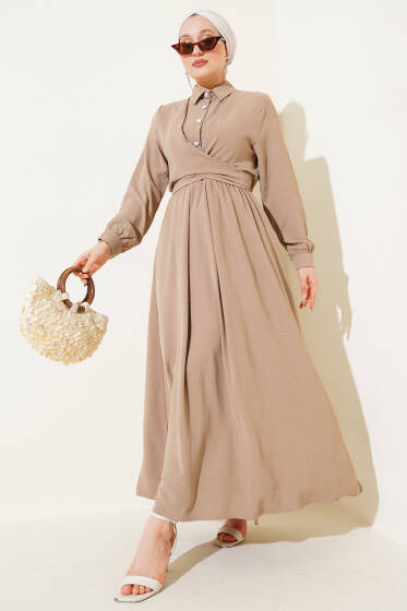 Yarım Düğmeli Önü Çapraz Bağlamalı Elbise Vizon - Elbise