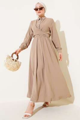 Yarım Düğmeli Önü Çapraz Bağlamalı Elbise Vizon 