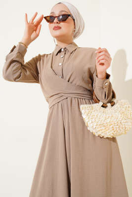 Yarım Düğmeli Önü Çapraz Bağlamalı Elbise Vizon - Tesettür Elbise