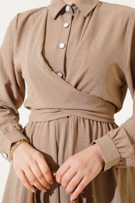 Yarım Düğmeli Önü Çapraz Bağlamalı Elbise Vizon - Tesettür Elbise